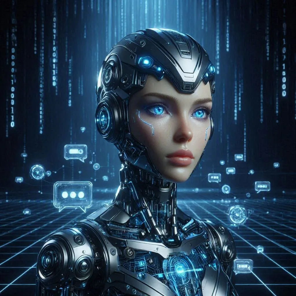 LadyBot, the DarkMode Devs AI assistant, answering chat messages inside a digital simulation
