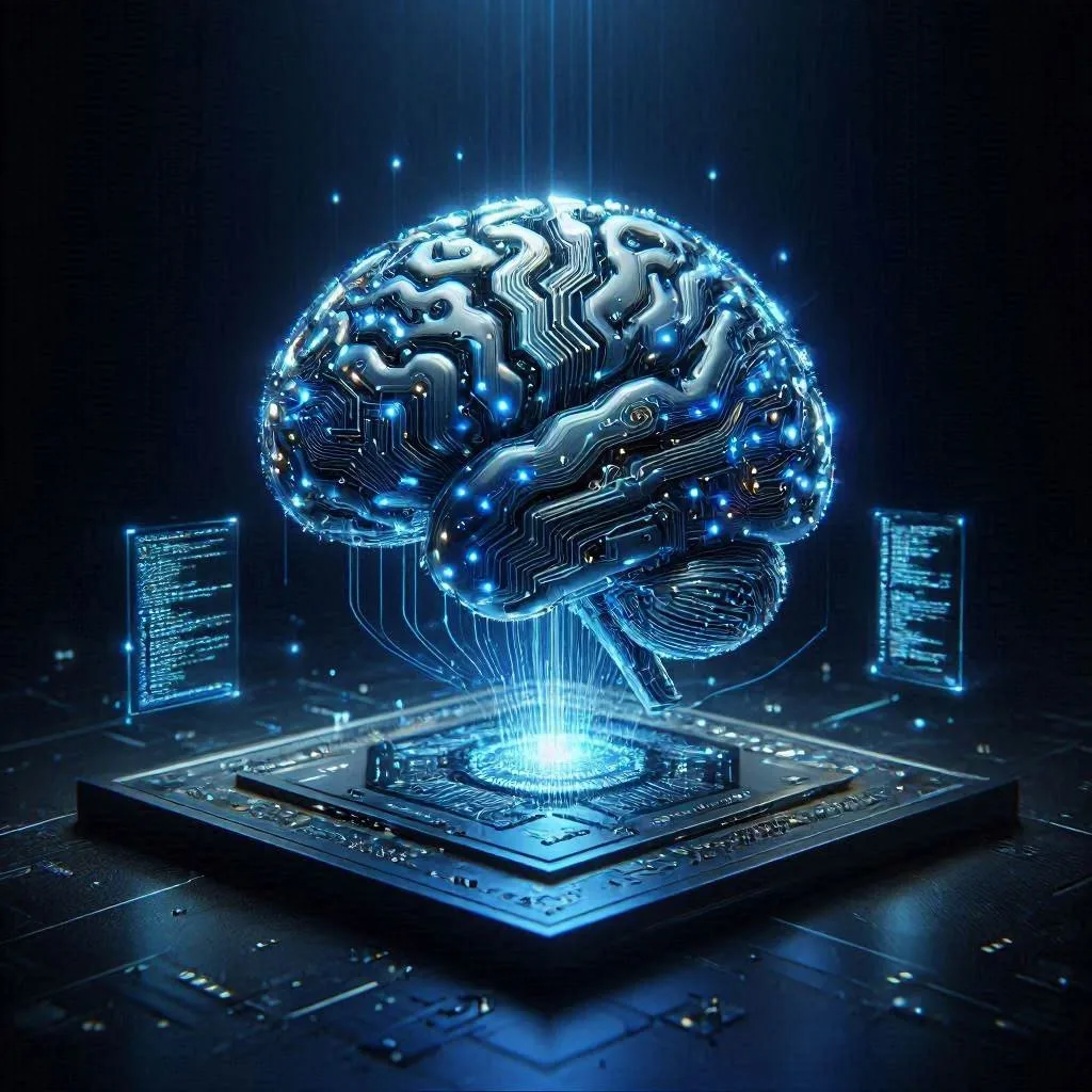 A glowing circuit-board brain rising from an AI chip