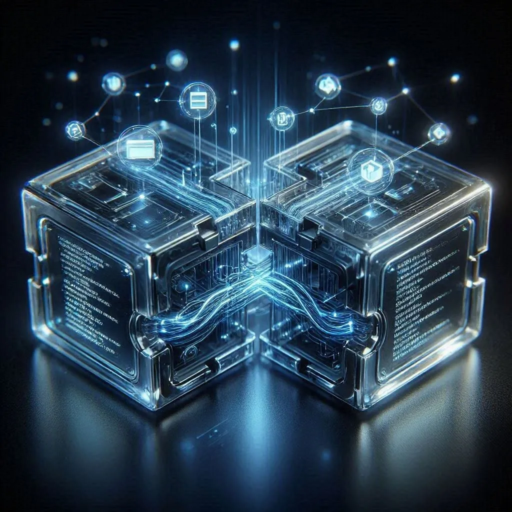 Two glass modules joined by streams of data