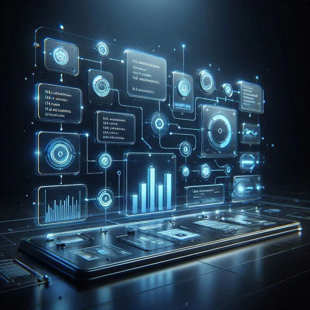 A holographic business dashboard of charts and connected workflow nodes