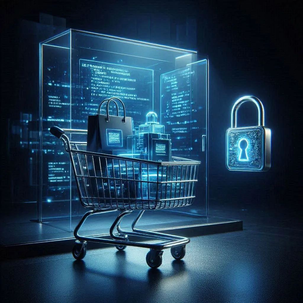 A shopping cart of products beside a glowing padlock for secure checkout