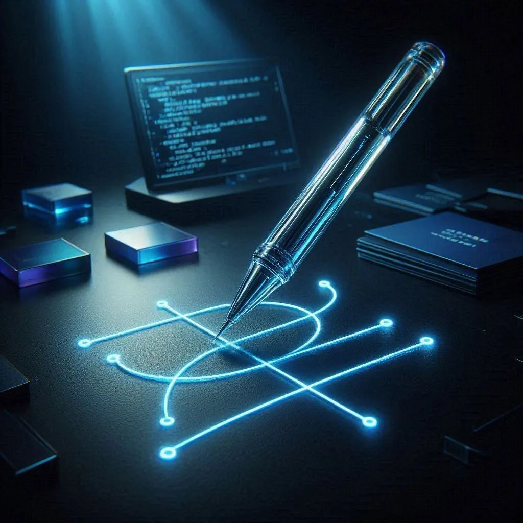 A glass pen drawing a glowing logo mark beside a stack of business cards