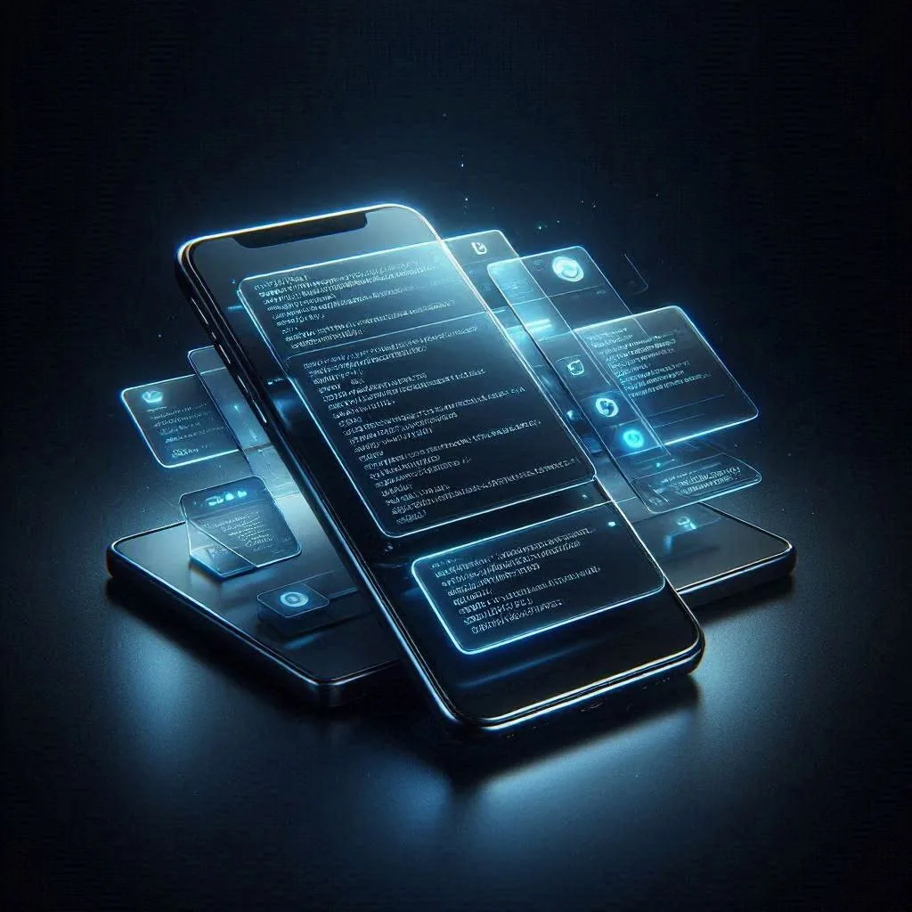 A smartphone with app screens floating out of its display