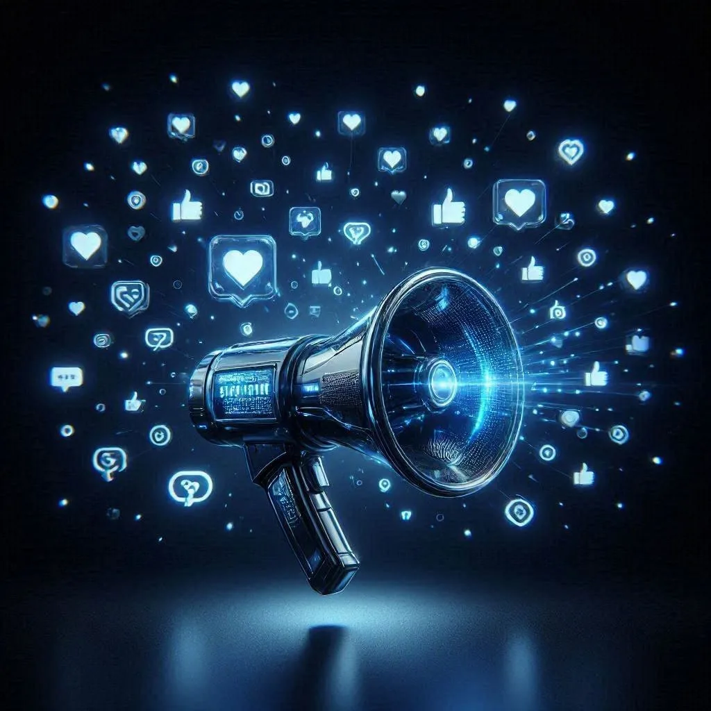 A megaphone sending out hearts, likes and comments