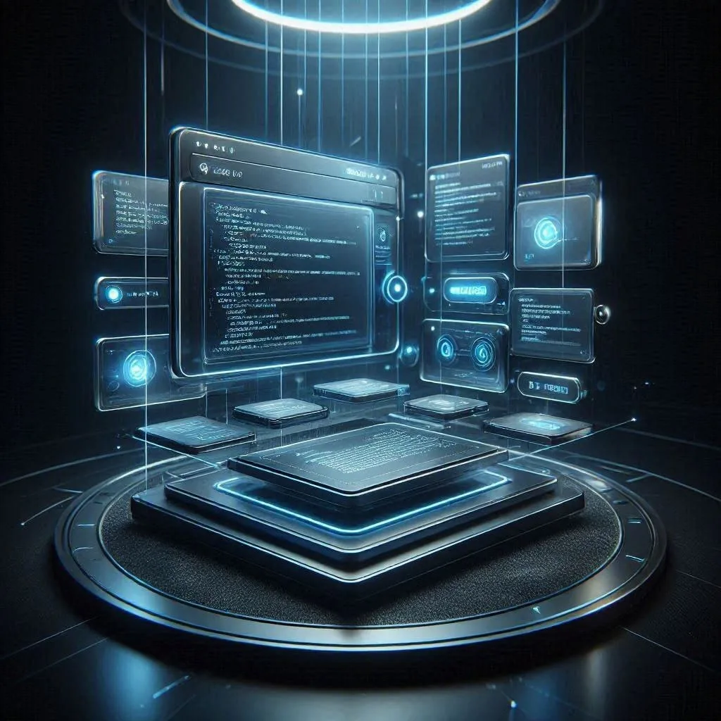 A futuristic website split into glowing 3D layers above a platform